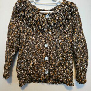 Ruby Rd. Cardigan with Fringe Collar in Multicolor Brown & Gold Tones, Size L